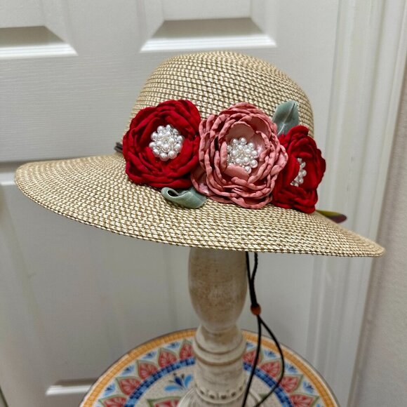 Elegant Women\'s Tweed Sun Hat With Satin Flowers And Pearls Special Event (NEW) main image 7